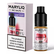 A bottle of MARYLIQ Cherry Ice nicotine salts e-liquid next to its packaging box, both featuring a nicotine warning label.